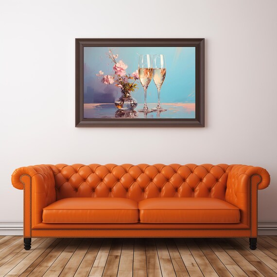 Champagne Glasses Pink Peonies Blue Background Celebration Wall Art Poster