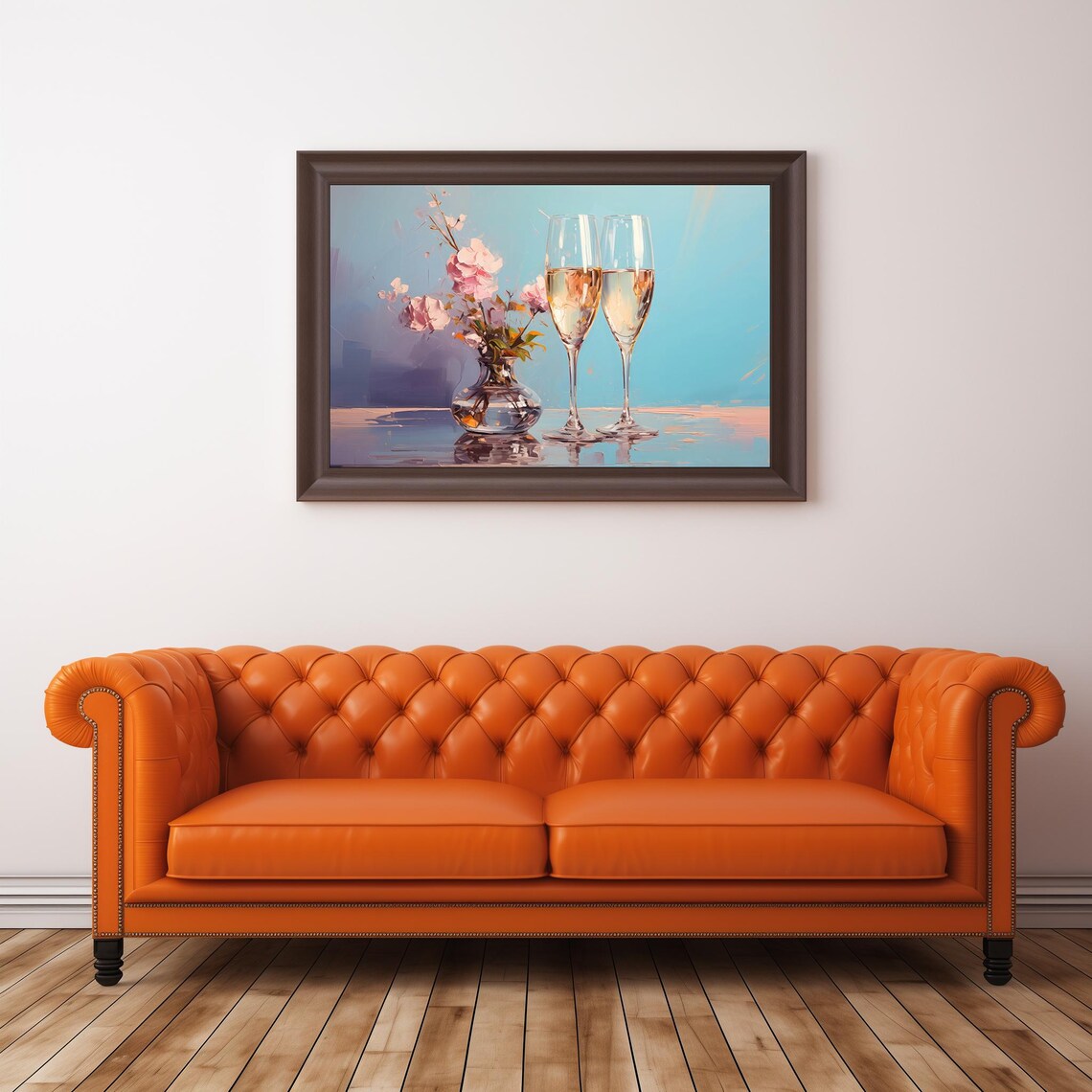 Champagne Glasses Pink Peonies Blue Background Celebration Wall Art Poster