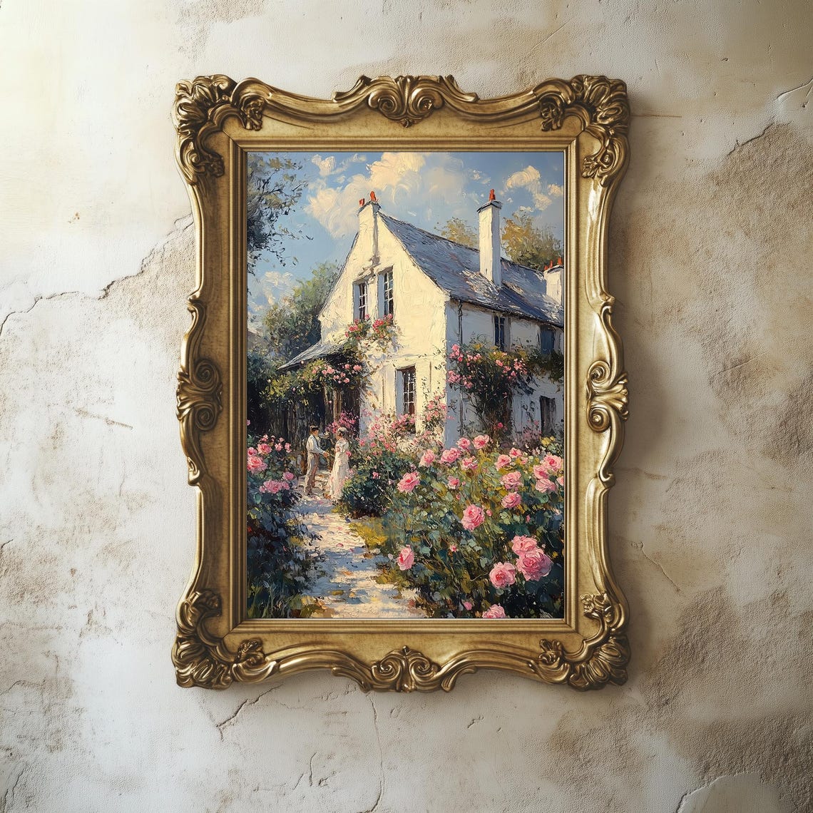English Cottage Rose Garden Path Blooming Roses Vintage Art Poster