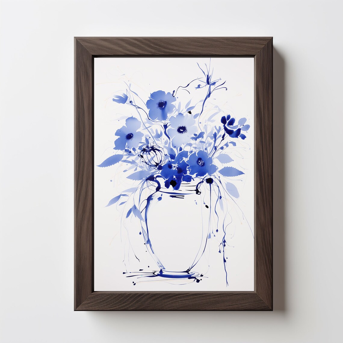 Blue Ink Botanical Floral Sketch Chinoiserie Style Minimalist Poster