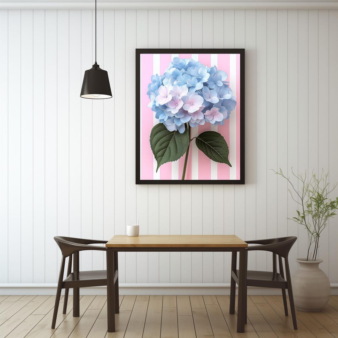 Blue Hydrangea Pink Striped Background Modern Floral Pop Art Poster - Image 3