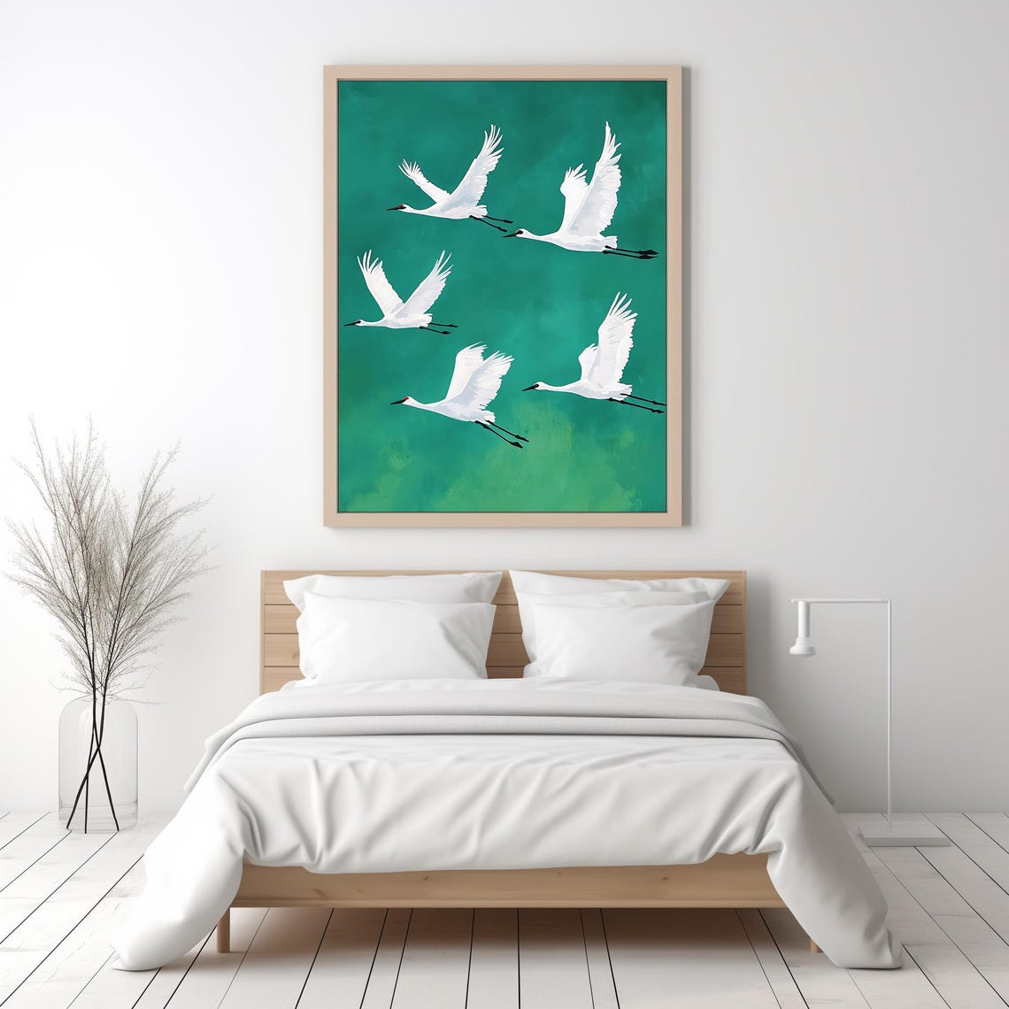 White Cranes In Flight On Emerald Green Background Art Print - Image 2