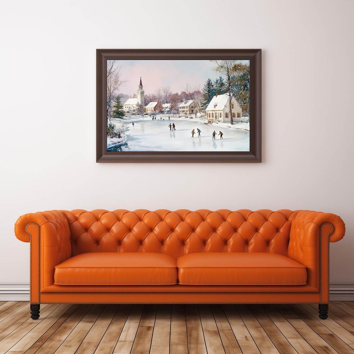 Vintage Ice Skating On Frozen Pond Snowy Village Winter Poster - Image 2