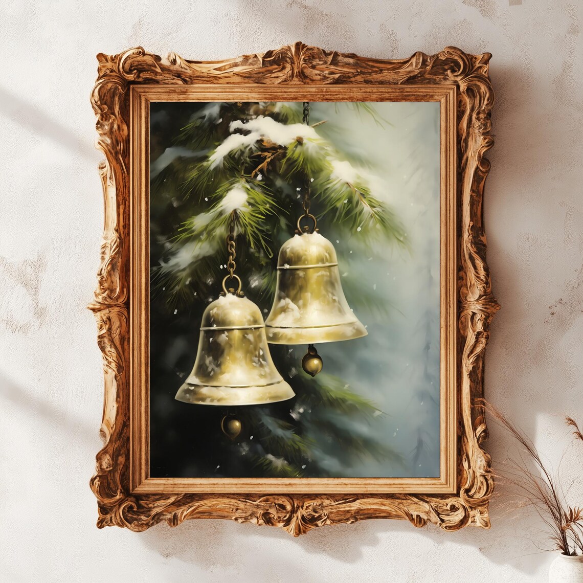 Brass Christmas Bells Snowy Pine Branch Vintage Winter Holiday Poster