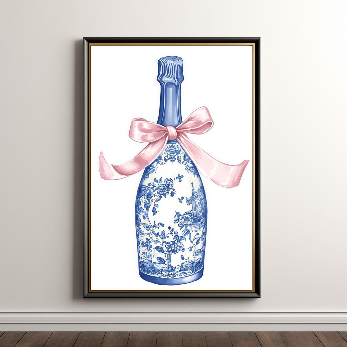 Chinoiserie Champagne Bottle With Pink Bow Blue White Art Poster