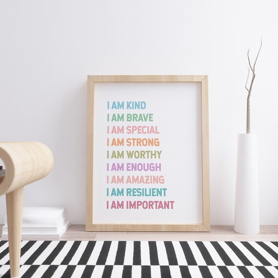 Kids Affirmations I Am Kind Brave Strong Wall Art Positive Thinking Decor