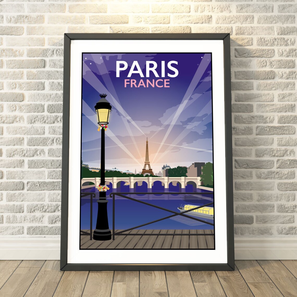 Paris France Eiffel Tower Seine Night Vintage Travel Poster Art