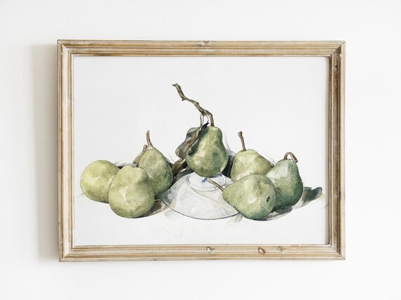Rustic Kitchen Fruit Print Vintage Pear Painting Antique Still Life Farmhouse Wall Art Kitchen Wall Decor