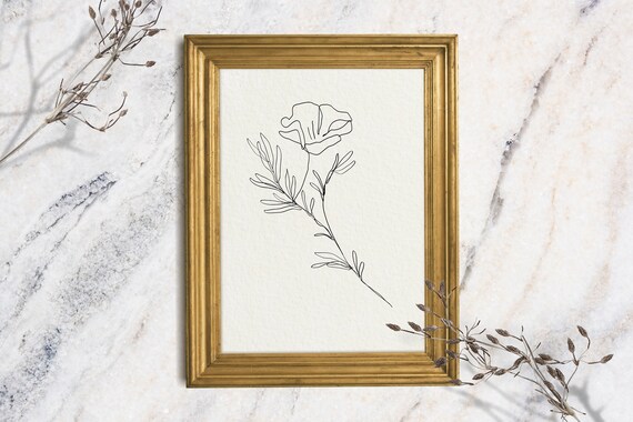Single Line Poppy Flower Minimalist Ink Sketch Botanical Art Poster