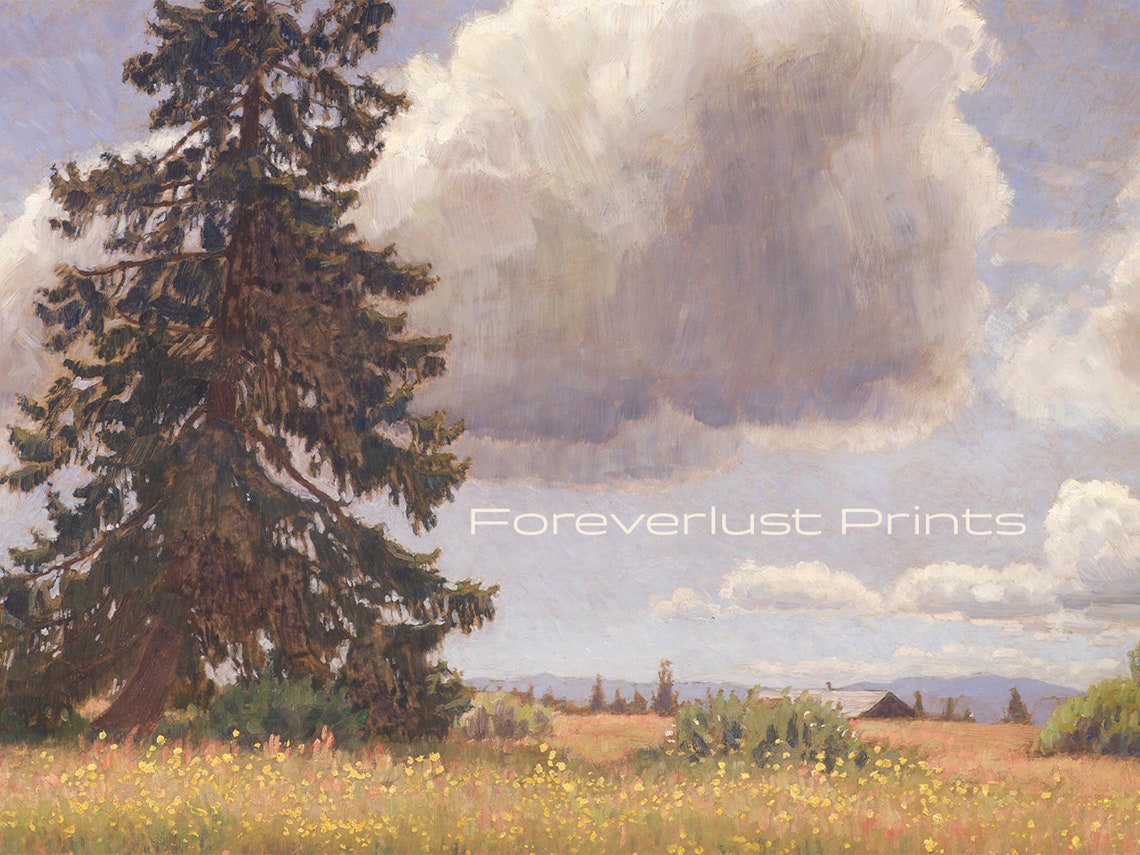 Country Meadow Landscape Tall Fir Tree Clouds Vintage Field Art Print - Image 2