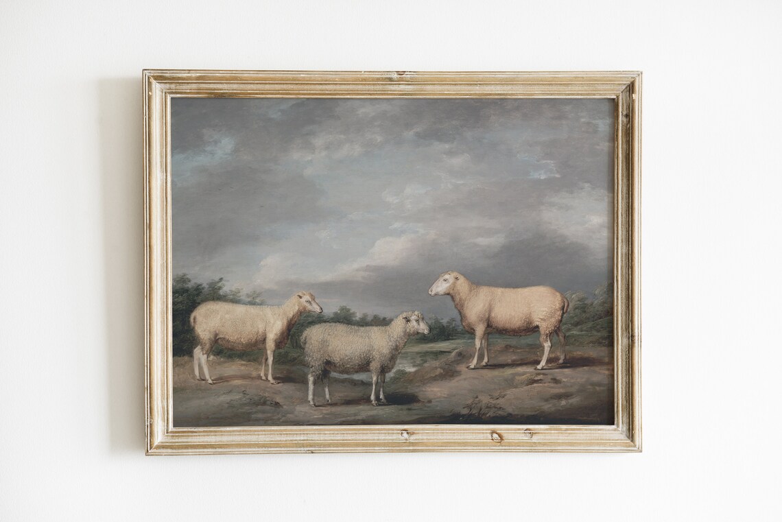 Antique Three Sheep Pastoral Landscape Vintage Oil Painting Art Print