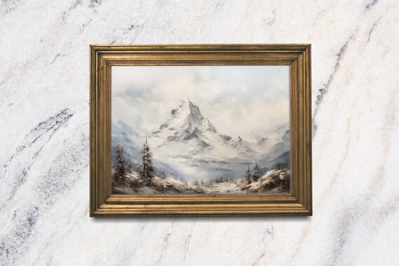 Snowy Mountain Oil Painting Print Rustic Pine Tree Art Print Moody English Manor Landscape Painting Cottage Core Wall Art Mini Shelf Art