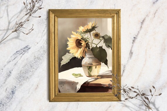 Sunflower Bouquet Glass Vase Watercolor Tabletop Still Life Farmhouse Art Print