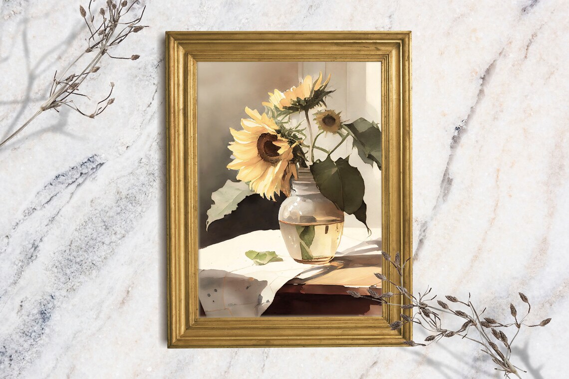 Sunflower Bouquet Glass Vase Watercolor Tabletop Still Life Farmhouse Art Print