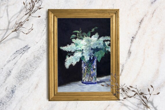 White Lilac Bouquet Glass Vase Vintage Oil Painting Floral Wall Art Print