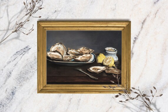 Moody Vintage Painting Oyster Still Life Gicle Print Culinary Kitchen Wall Art Dark Academia Decor Chef Or Foodie Farmhouse Decor