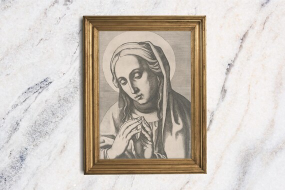 Madonna Art Print Vintage Illustration Moody Virgin Mary Portrait Painting Christian Decor Religious Wall Art Catholic Unframed