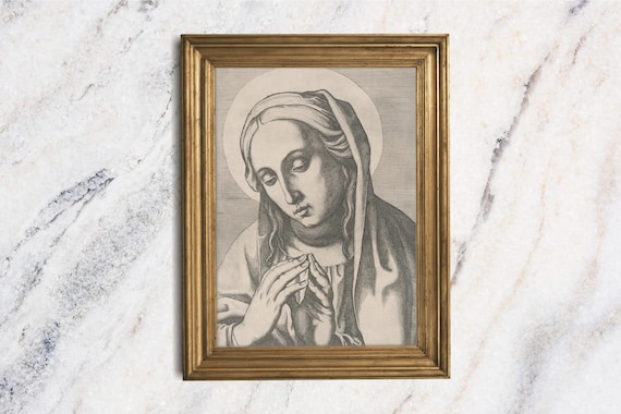 Virgin Mary Praying Vintage Engraving Moody Catholic Portrait Art Print