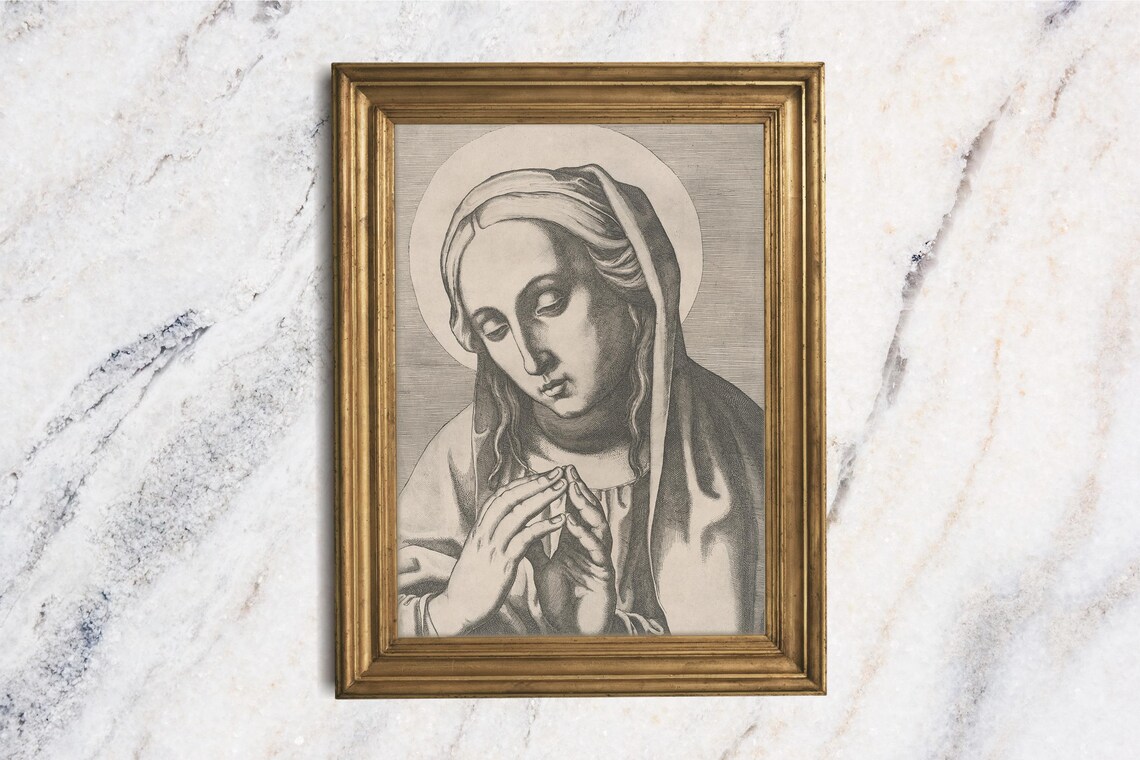 Virgin Mary Praying Vintage Engraving Moody Catholic Portrait Art Print