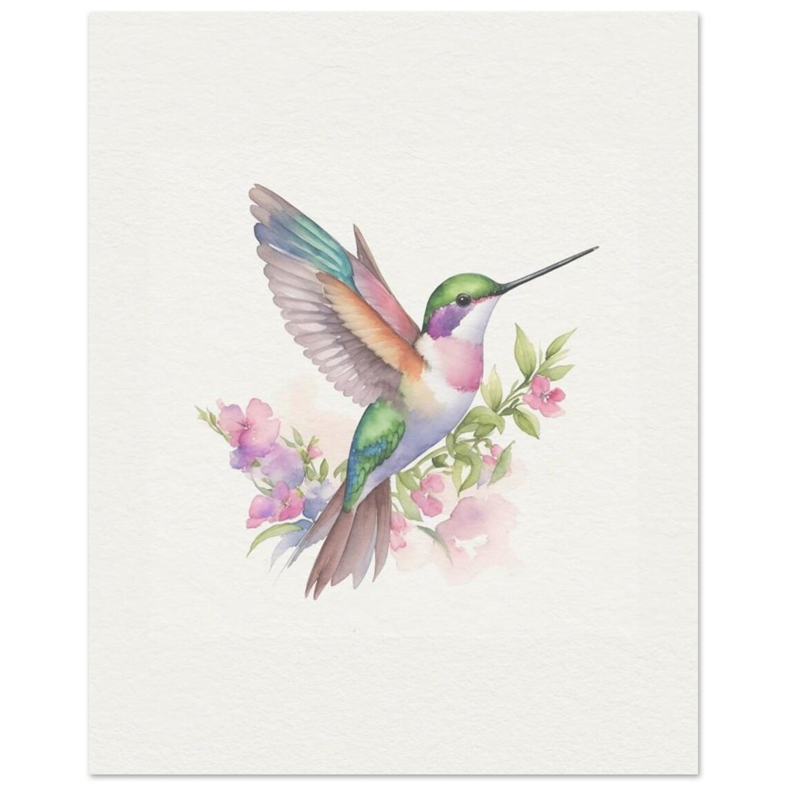 Colorful Hummingbird Watercolor Pink Blossom Bird Nursery Art Print - Image 2