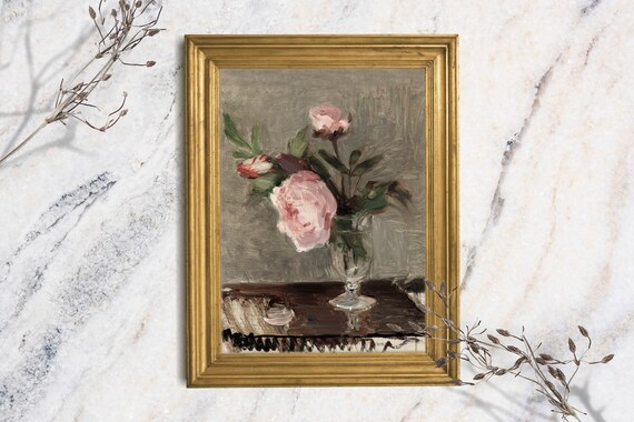 Peony Art Print Small Vintage Flower Still Life Painting Moody Floral Cottage Wall Decor Peony Wall Art Farmhouse Antique Unframed Print