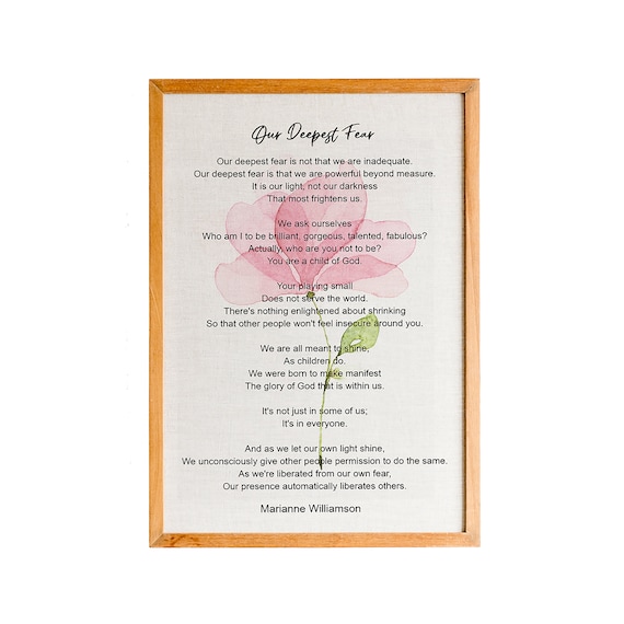 Marianne Williamson Our Deepest Fear Poem Pink Flower Watercolor Quote Poster