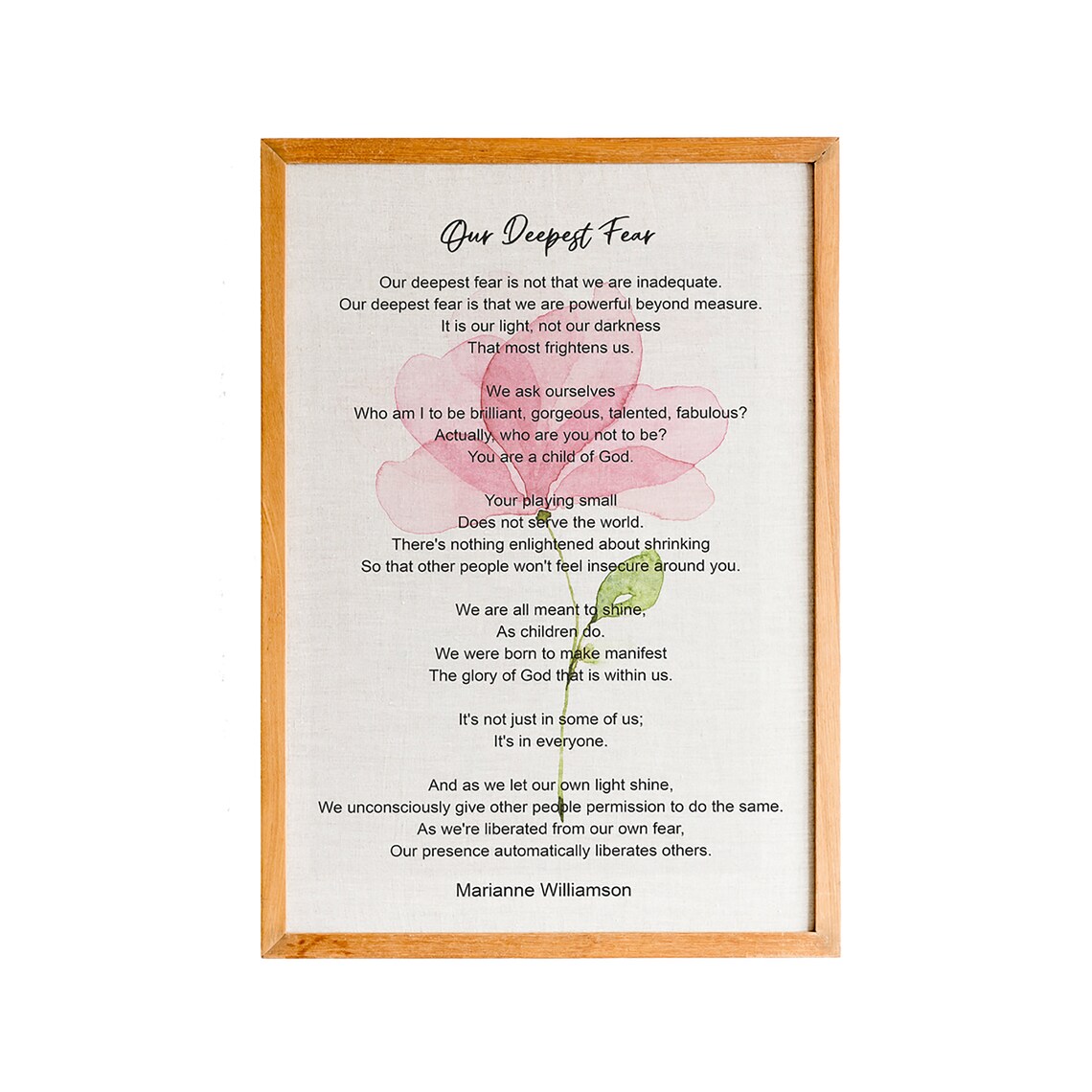 Marianne Williamson Our Deepest Fear Poem Pink Flower Watercolor Quote Poster