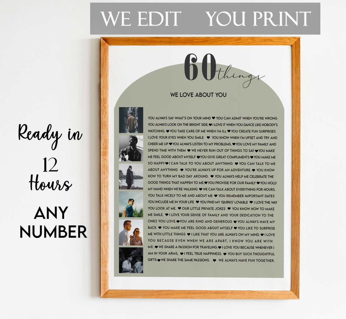 60 Things We Love About You Sage Green Photo List Keepsake Poster