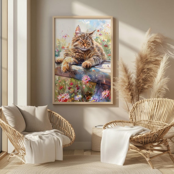Cozy Cat In A Meadow Peaceful Feline Art Print Cute Cat Wall Art For Home Decor
