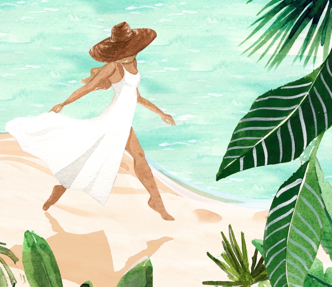 Beach Girl In White Dress Turquoise Ocean Palm Leaves Watercolor Print