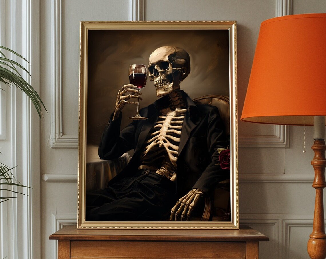 Skeleton Drinking Wine Halloween Bar Cart Art Print