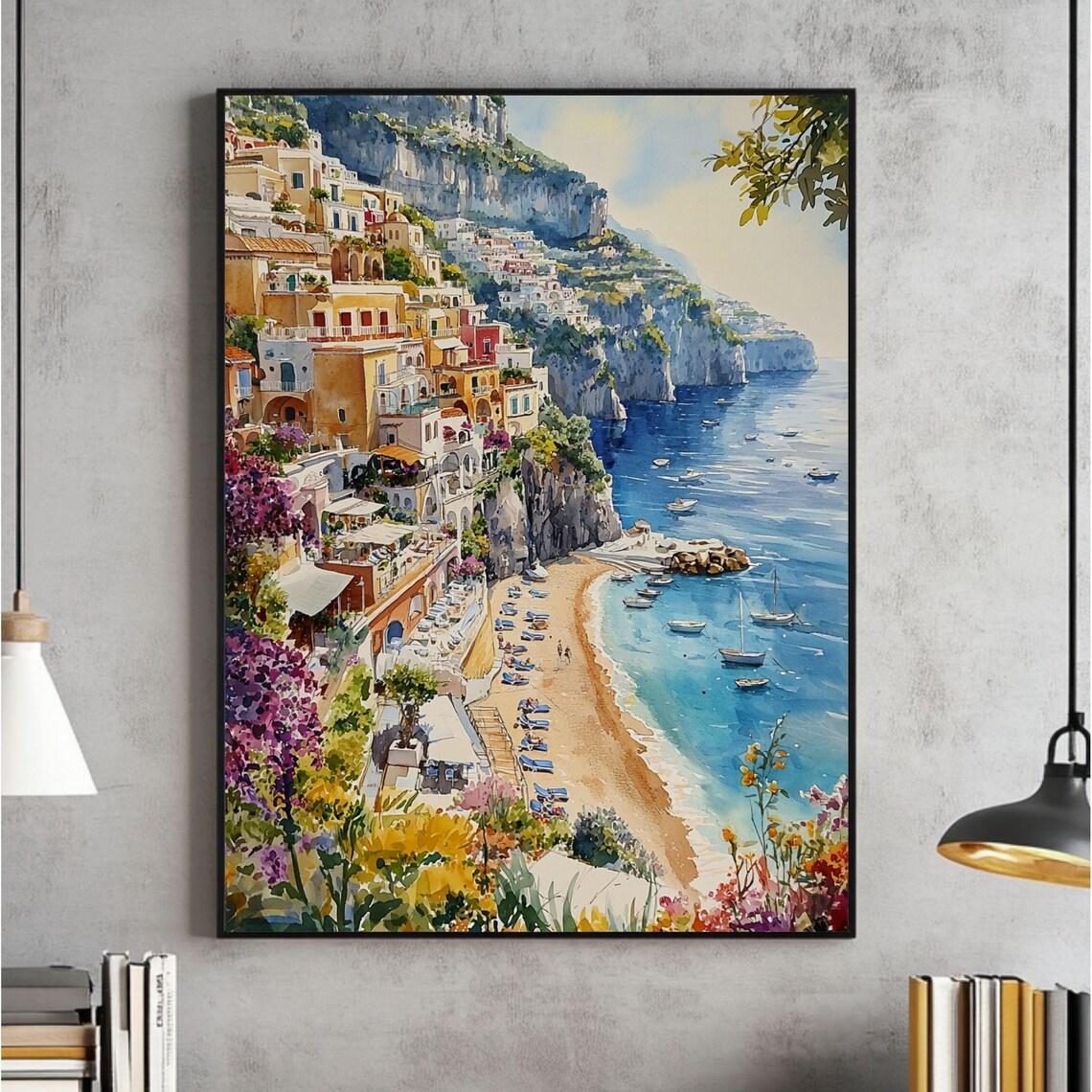 Watercolor Italy Positano Travel Poster, Coastal Art