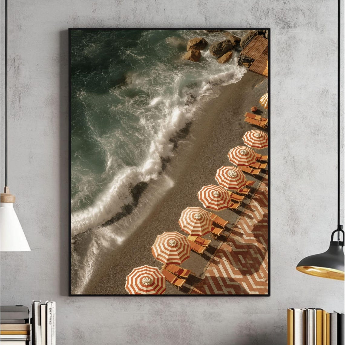 Amalfi Coast Aerial Beach Striped Umbrellas Waves Italy Photo Poster