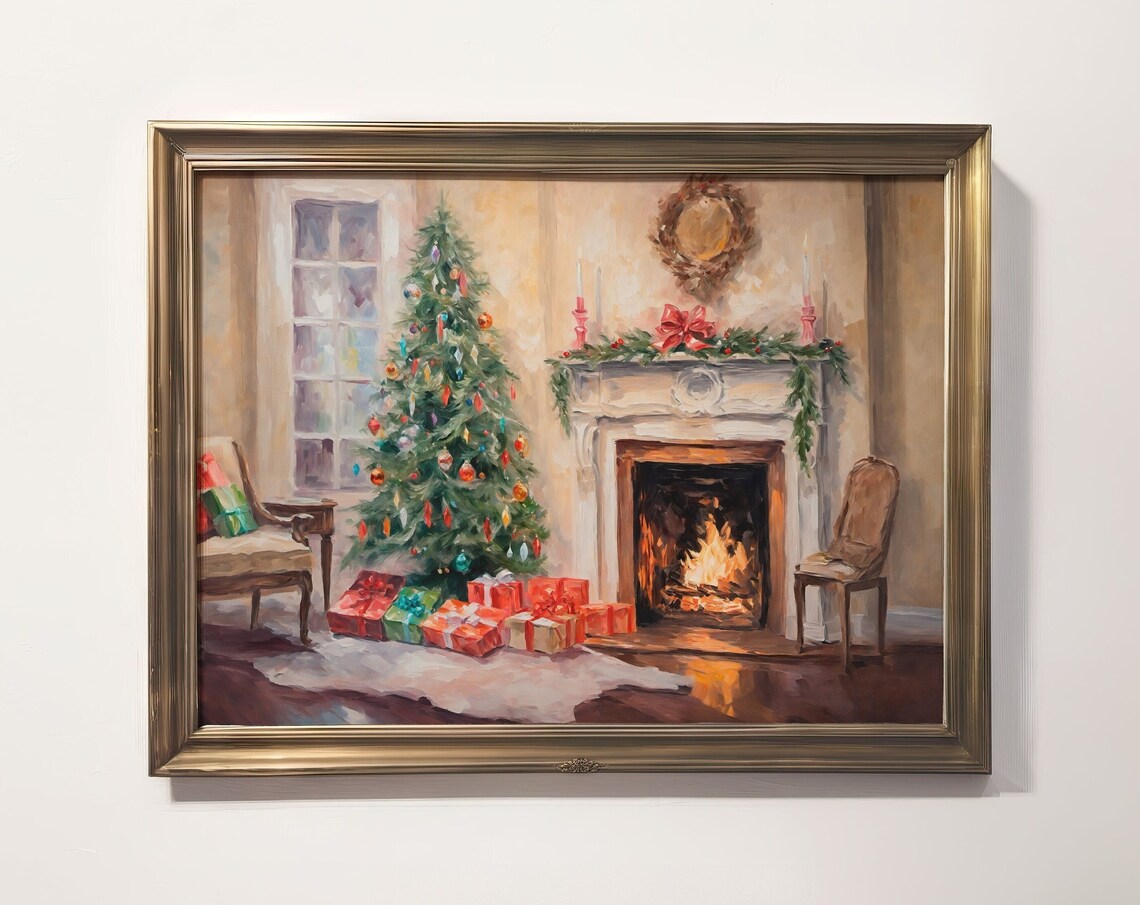 Christmas Tree Fireplace Cozy Holiday Living Room Winter Decor Poster