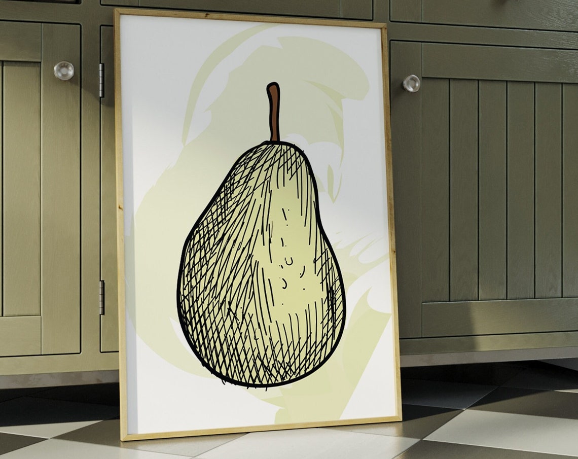 Pear Fruit Retro Sketch Kitchen Wall Art Boho Green Minimalist Poster