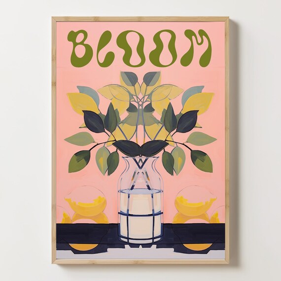 Bloom Art Print Wall Botanical Modern Floral Poster Colorful Home Decor Vase With Leaves Minimalist Plant