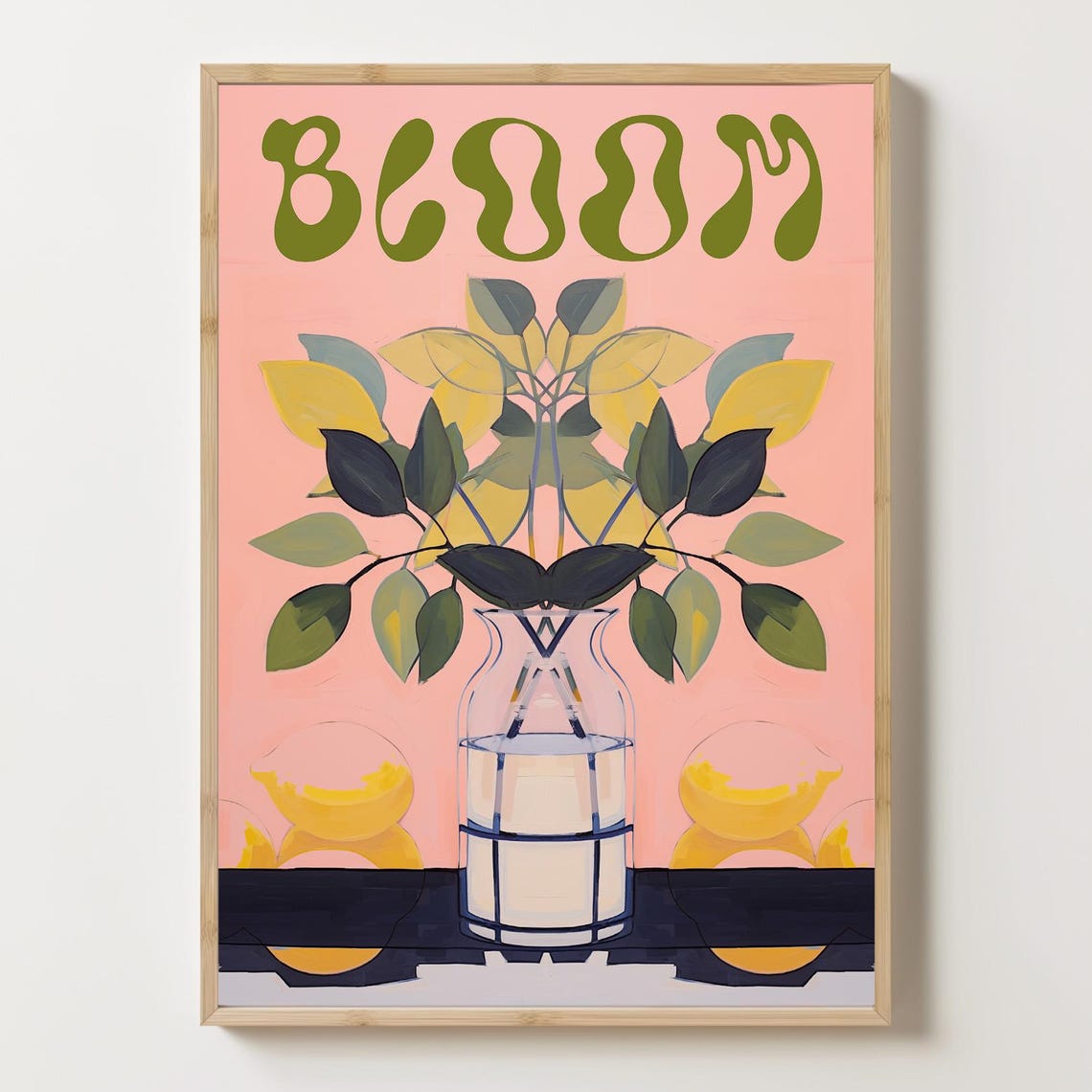 Bloom Lemon Branch Retro Typography Pink Kitchen Botanical Art Poster