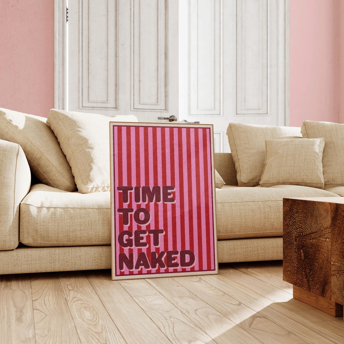 Time To Get Naked Bathroom Poster with Red Pink Retro Stripe Design - Image 2