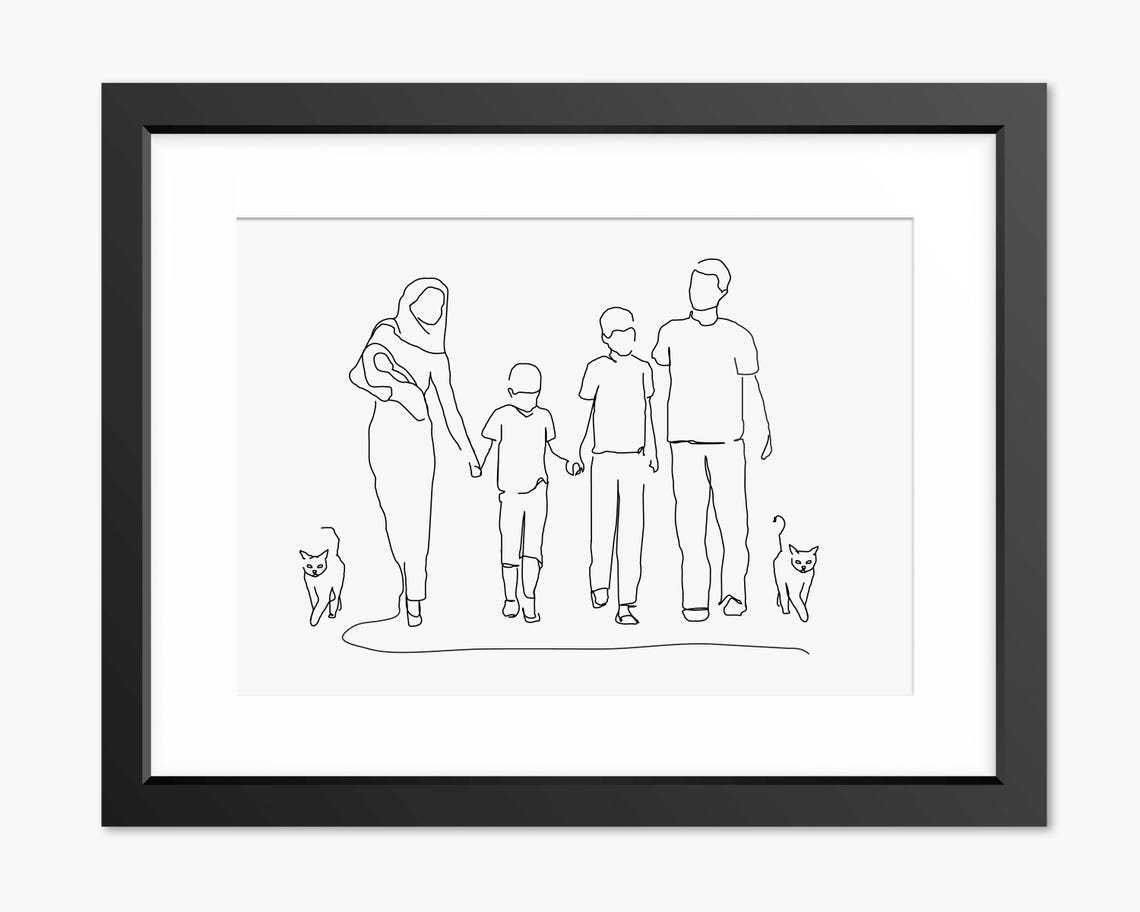 Family of Four with Two Cats Single Continuous Line Drawing Poster