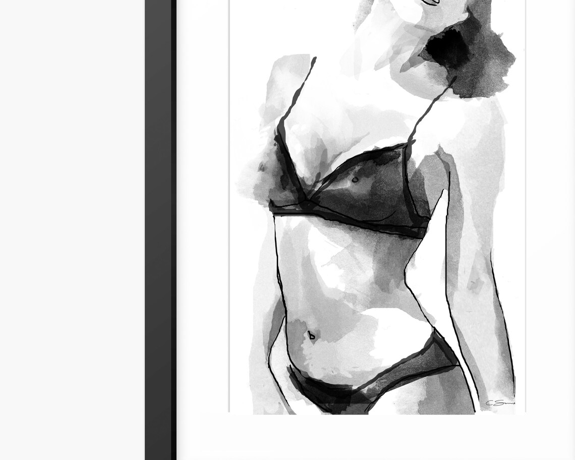 Female Figure In Lingerie Black White Watercolor Fashion Poster - Image 2
