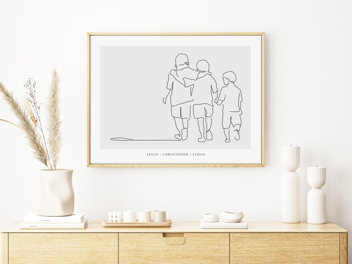 Personalized Three Brothers Walking Arm in Arm Line Art Poster - Image 2