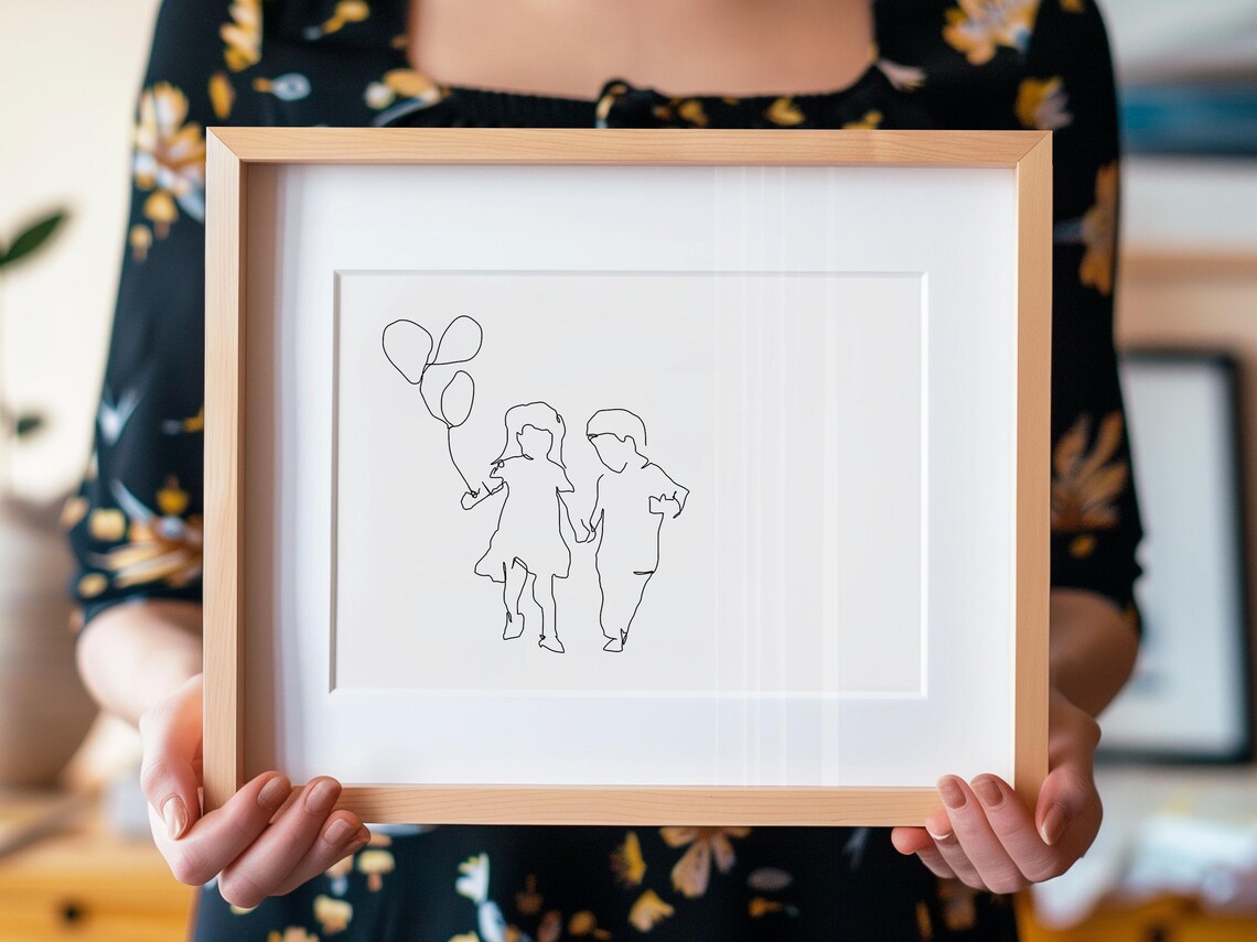 Sibling Boy and Girl Walking With Balloons Line Art Style Poster