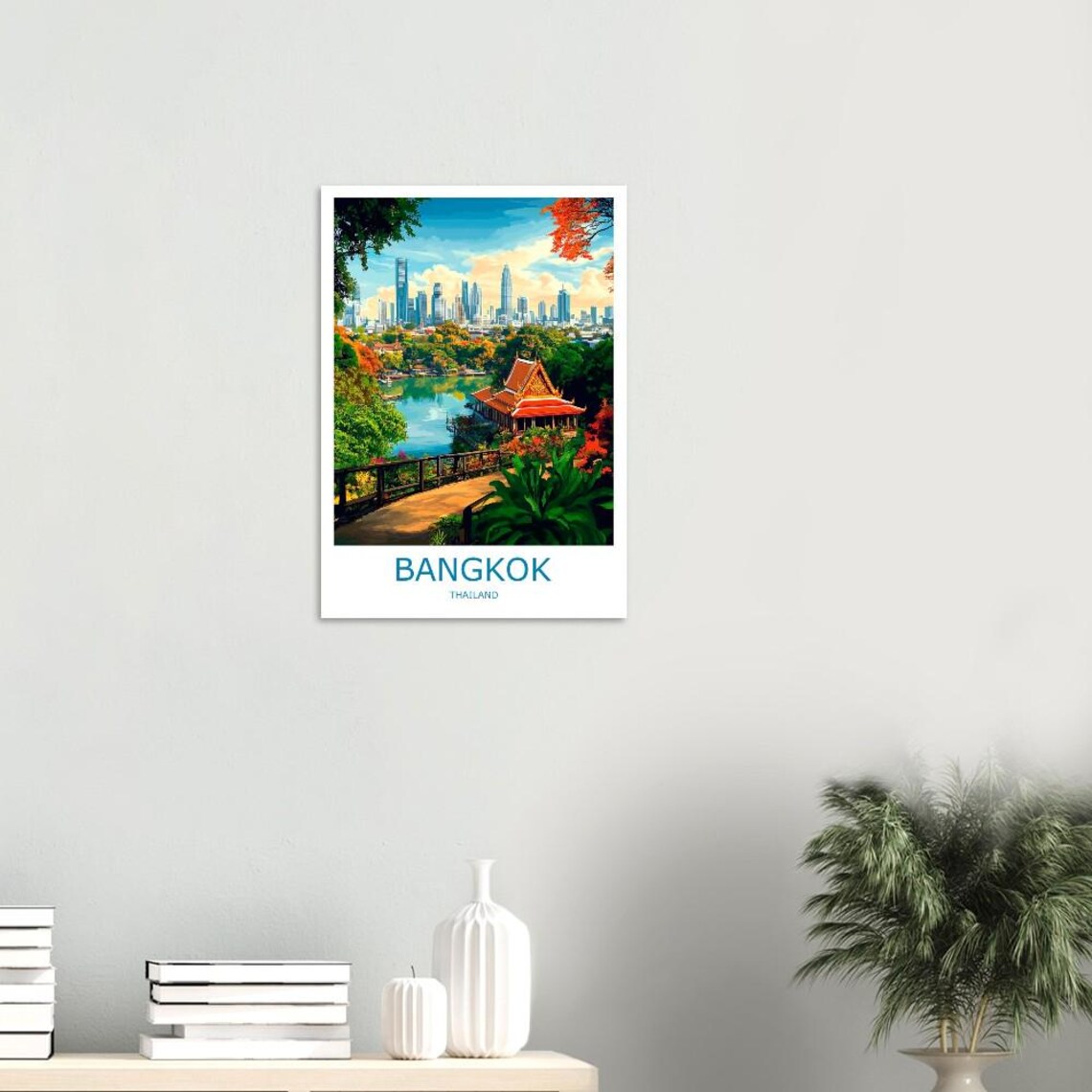 Bangkok Modern Skyline and Lakeside Temple Pavilion Travel Poster - Image 3