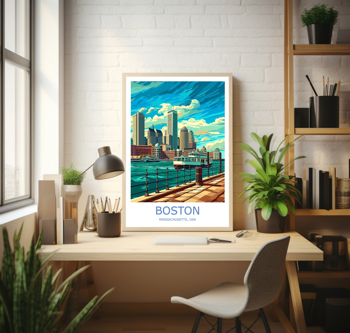 Boston Harbor Skyline Waterfront Ferry Vintage Style Travel Poster - Image 3