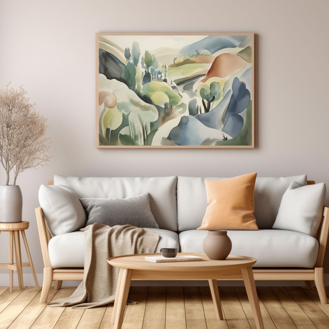 Watercolor Blue Hills and Green Trees Abstract Valley Poster - Image 3