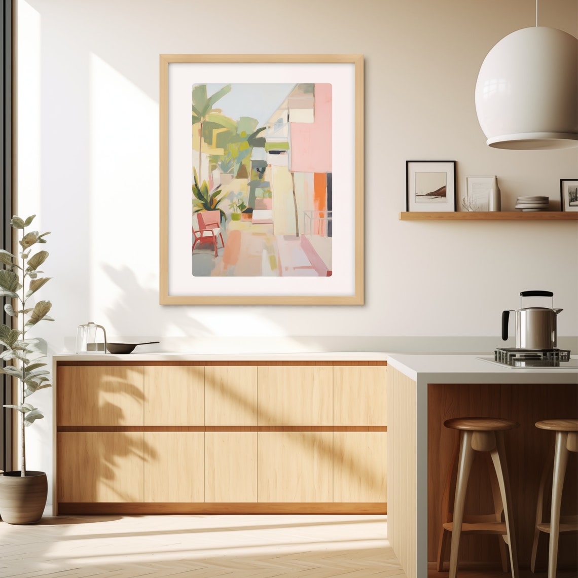 Pink Mediterranean Villa with Palm Trees Abstract Painting Poster - Image 2