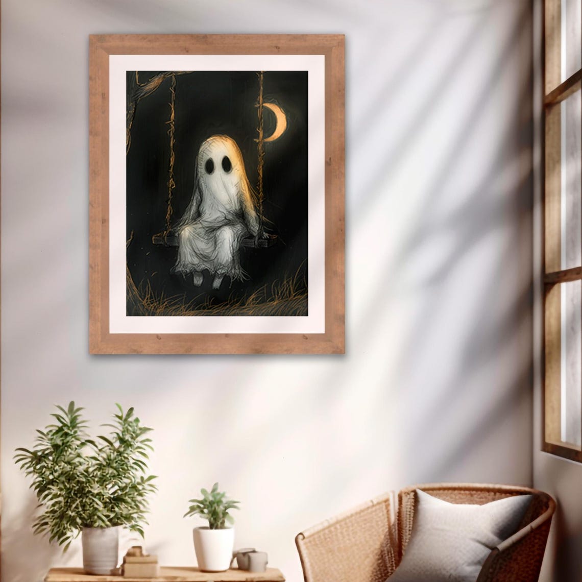 Lonely Ghost Swinging Crescent Moon Dark Night Sketch Halloween Poster - Image 2