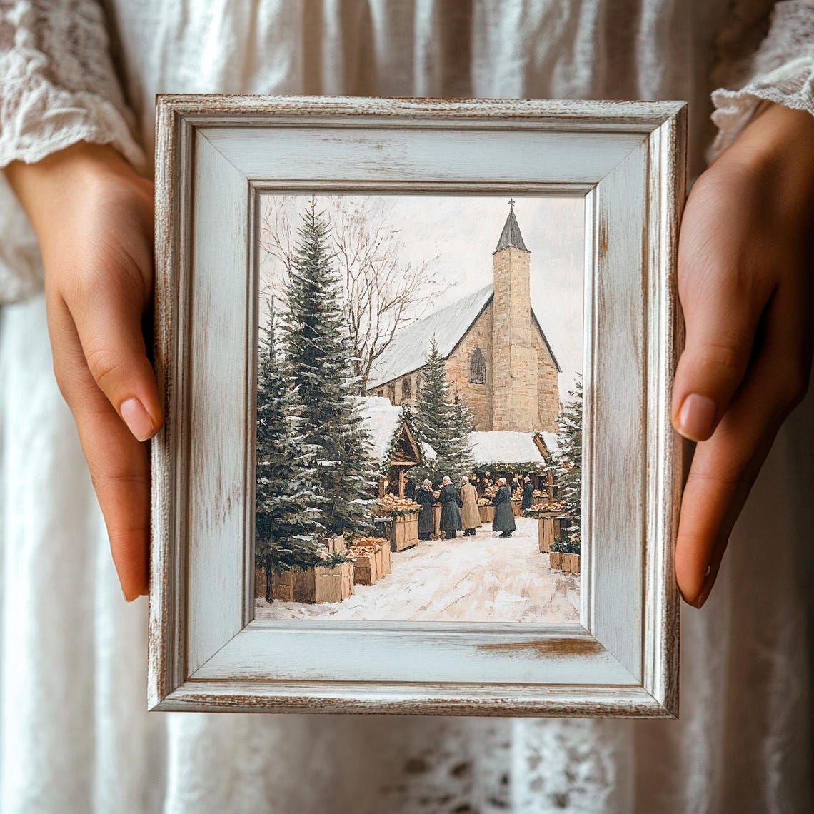 Christmas Market Vintage Christmas Town With Church Print Christmas Village Wall Art Winter Painting - Image 3