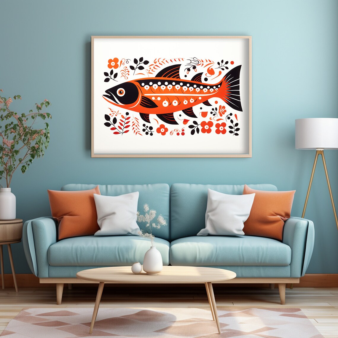 Scandinavian Folk Art Salmon Fish Orange Black Floral Wall Art - Image 3