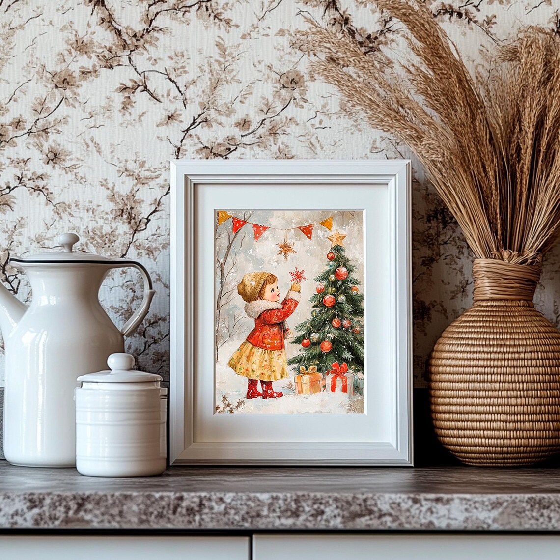 Little Girl Decorating a Christmas Tree Retro Storybook Holiday Poster - Image 4